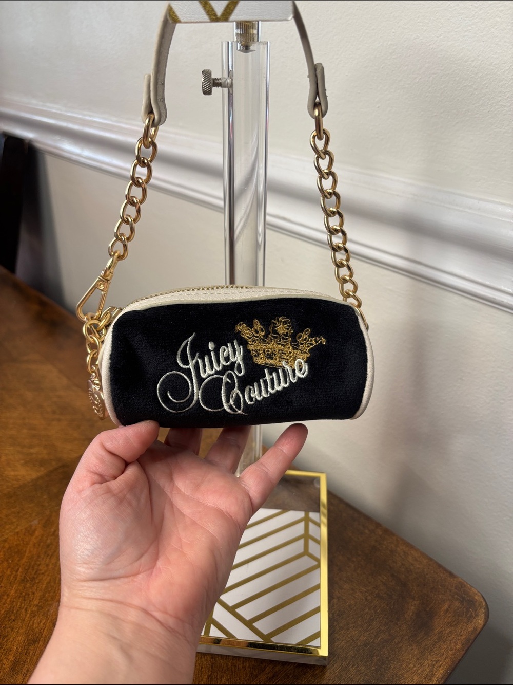 Juicy Couture Black Velvet Mini Bag with Gold Chain & Cream Trim - Picture 10 of 16